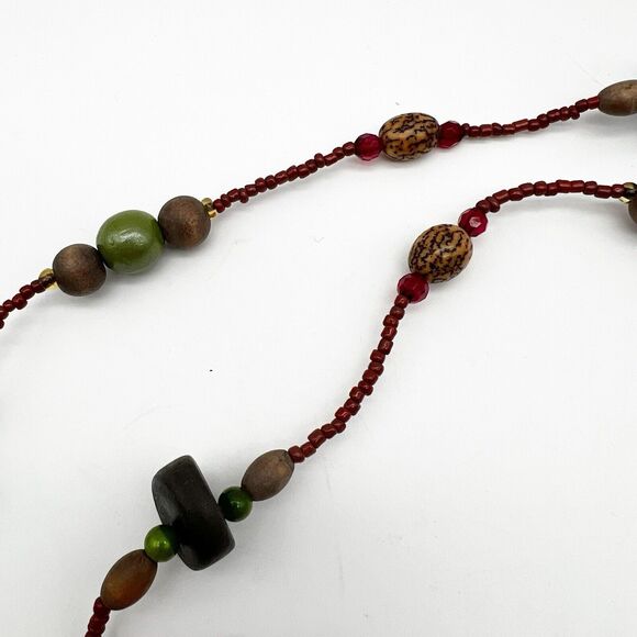 Multi Colored Wood Round Seed Bead Natural Nut Ethnic Long Necklace 58” - Picture 7 of 8